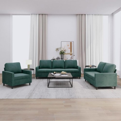 Sofasæt i velour - 3 dele med hynder, mørkegrøn