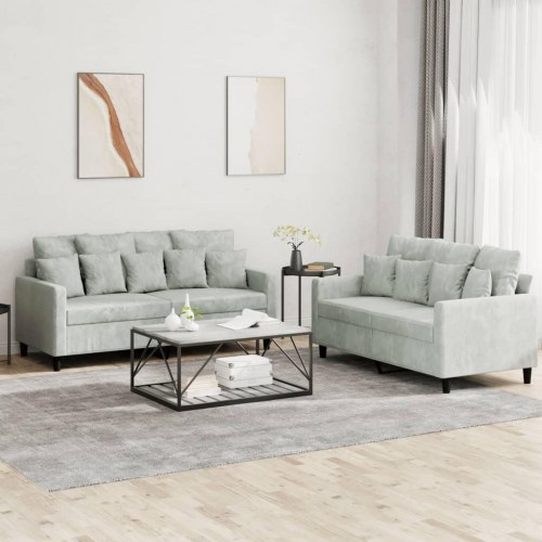 Sofasæt i velour - 2 dele med hynder, lysegrå