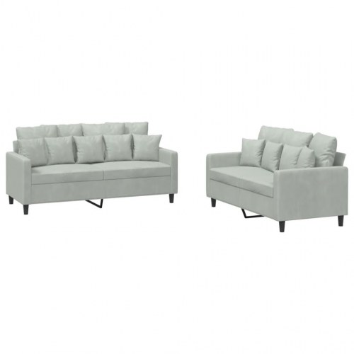 Sofasæt i velour - 2 dele med hynder, lysegrå