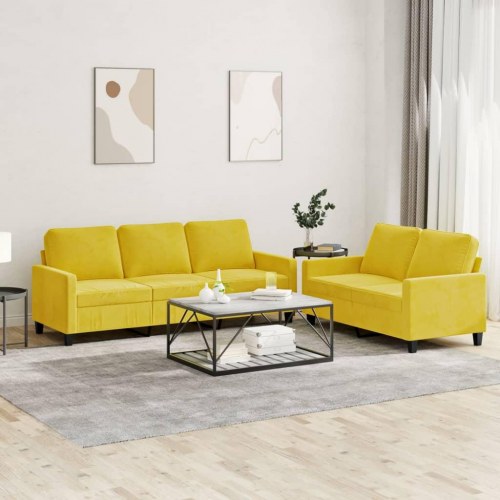 Sofasæt i velour - 2- og 3-personers, gul med hynder