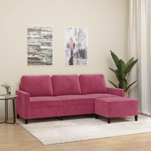 3-personers sofa med fodskammel - 180 cm velour, vinrød
