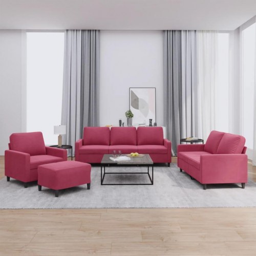 Sofasæt i velour - 4 dele med hynder, vinrød