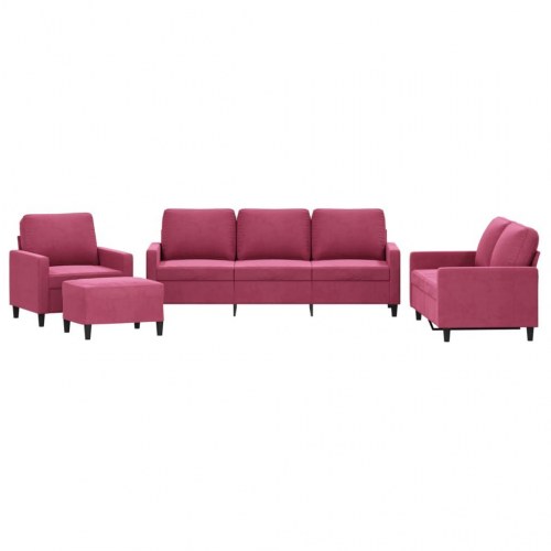 Sofasæt i velour - 4 dele med hynder, vinrød