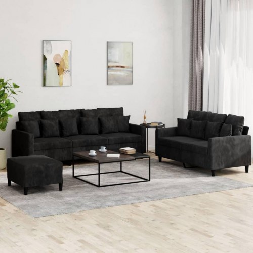 Sofasæt i velour - 3 dele med hynder, sort