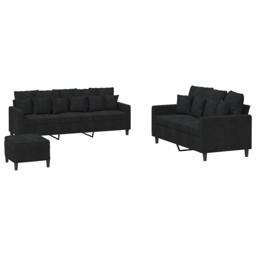 Sofasæt i velour - 3 dele med hynder, sort