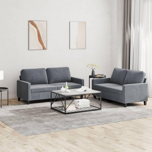Sofasæt i velour - 2-pers. + 2-pers., mørkegrå, med hynder
