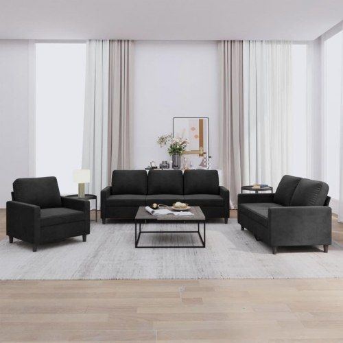 Sofasæt i velour - 3 dele med hynder, sort