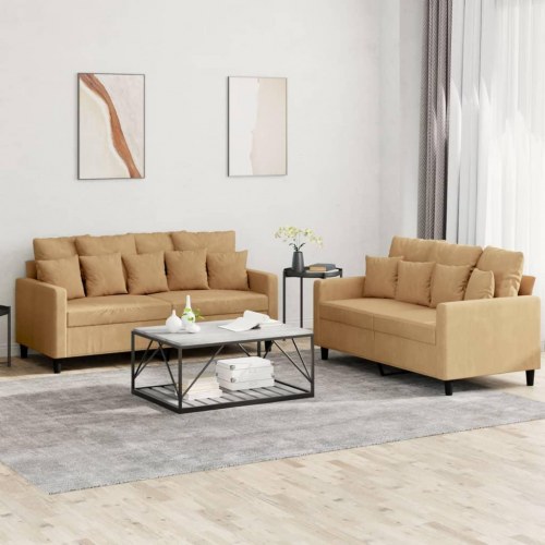 Sofasæt i velour - 2-personers + 2-personers, brun, med hynder