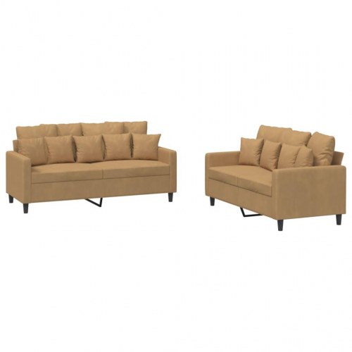 Sofasæt i velour - 2-personers + 2-personers, brun, med hynder