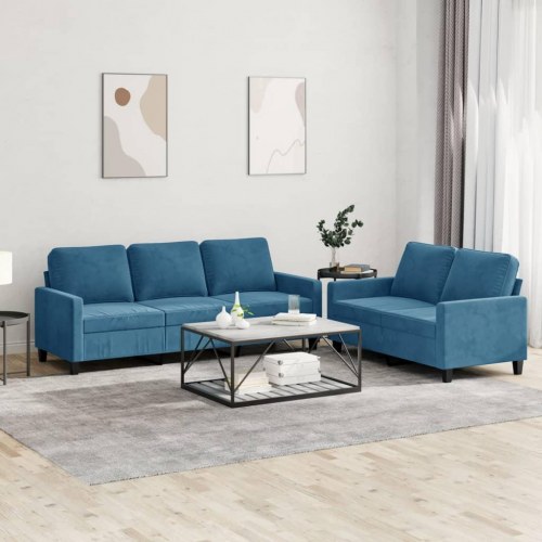 Sofasæt i velour - 2- og 3-personers, blå med hynder
