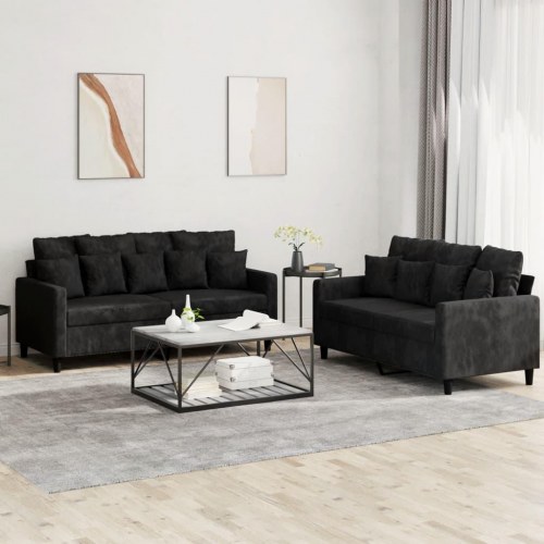 Sofasæt i velour - 2-pers. + 2-pers., sort, inkl. hynder