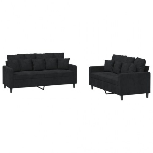 Sofasæt i velour - 2-pers. + 2-pers., sort, inkl. hynder