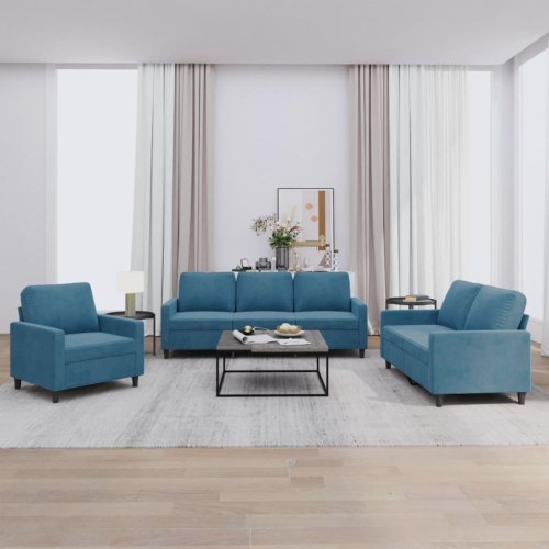 Sofasæt i velour - 3 dele med hynder, blå