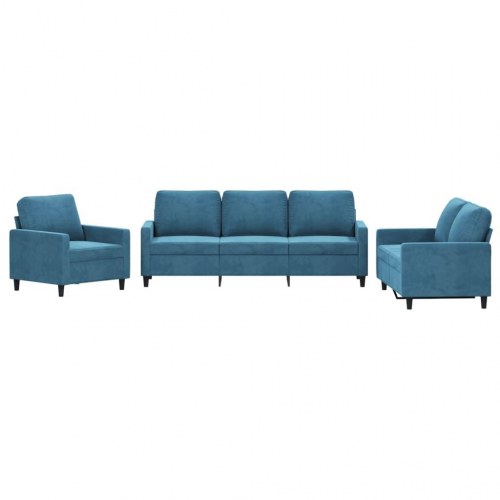 Sofasæt i velour - 3 dele med hynder, blå