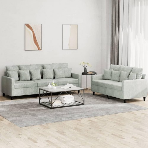Sofasæt i velour, 2 dele med hynder - lysegrå
