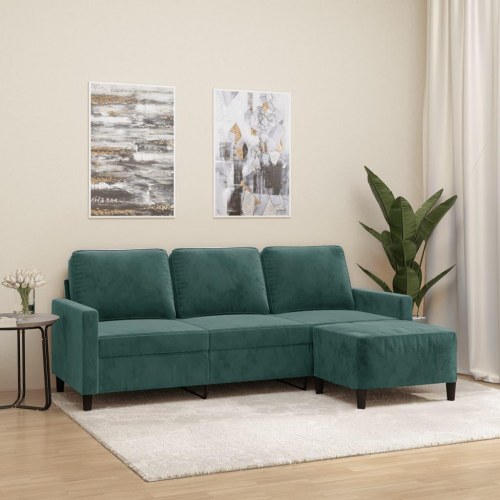3-personers sofa med fodskammel i velour - mørkegrøn, 198 cm