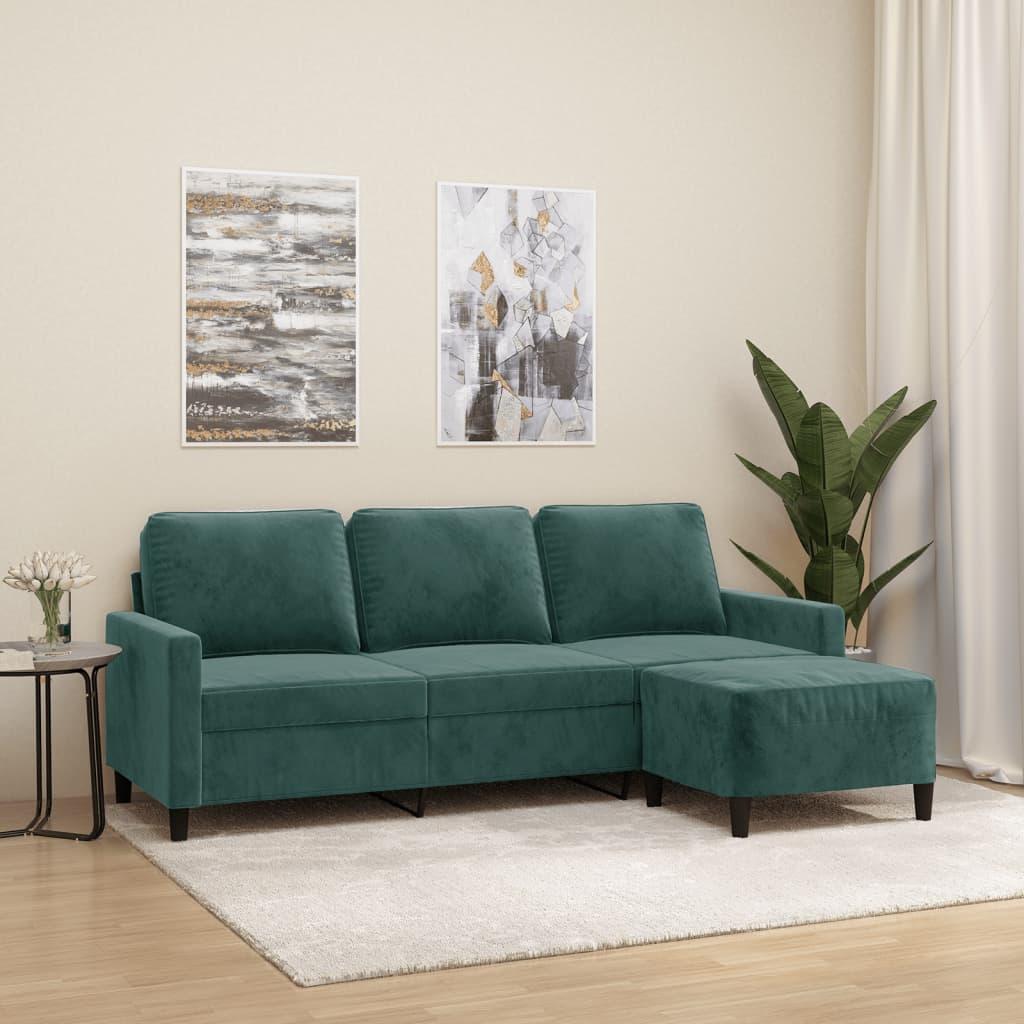 3-Personers Sofa Med Fodskammel 180 Cm Velour - Mørkegrøn