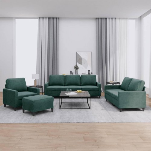 Sofasæt i velour - 4 dele med hynder, mørkegrøn