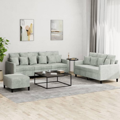Sofasæt i velour - 3 dele med hynder, lysegrå
