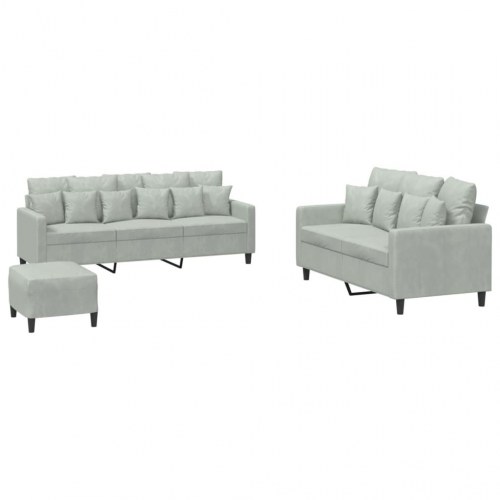 Sofasæt i velour - 3 dele med hynder, lysegrå