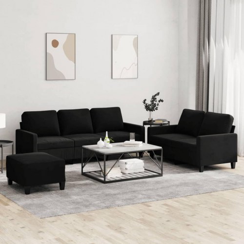 Sofasæt i velour - 3 dele med hynder, sort