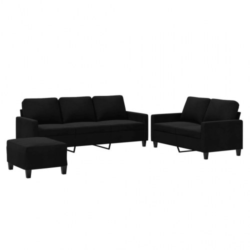 Sofasæt i velour - 3 dele med hynder, sort