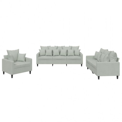 Sofasæt i velour - 3 dele med hynder, lysegrå