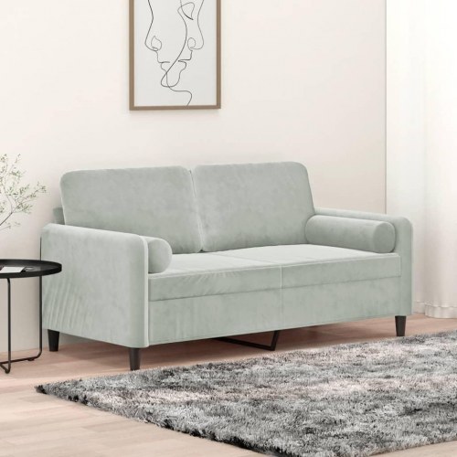 2-personers sofa i velour med pyntepuder, 140 cm - lysegrå
