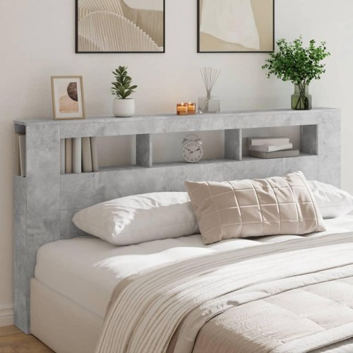 Sengegavl med LED-lys 200×18,5×103,5 cm - konstrueret træ, betongrå