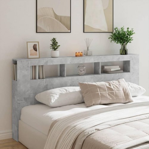 Sengegavl med LED-lys 200×18,5×103,5 cm - konstrueret træ, betongrå