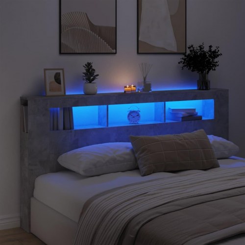 Sengegavl med LED-lys 200×18,5×103,5 cm - konstrueret træ, betongrå