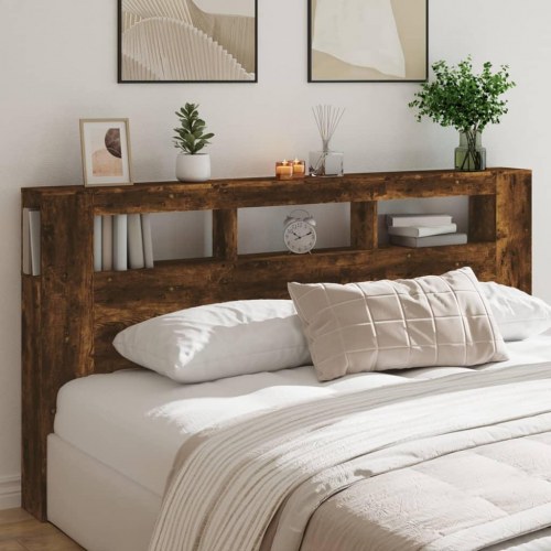 Sengegavl med LED-lys 200 × 18,5 × 103,5 cm - konstrueret træ, røget eg