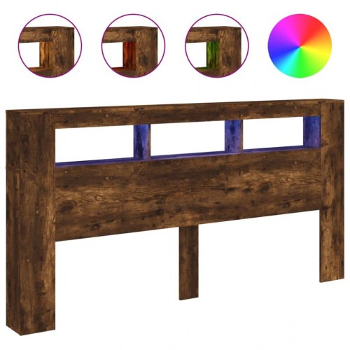 Sengegavl med LED-lys 200 × 18,5 × 103,5 cm - konstrueret træ, røget eg