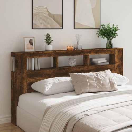 Sengegavl med LED-lys 200 × 18,5 × 103,5 cm - konstrueret træ, røget eg