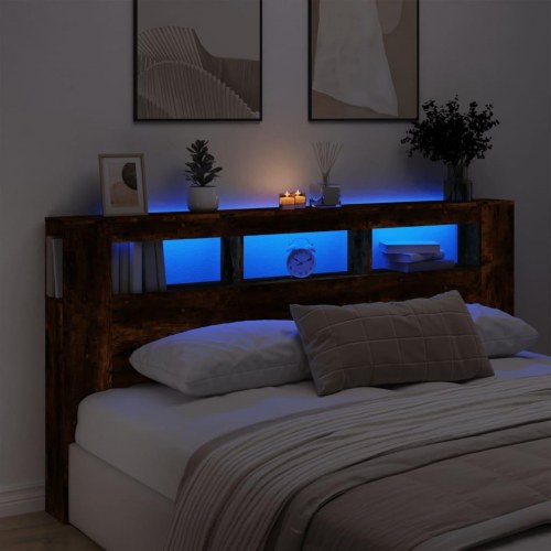 Sengegavl med LED-lys 200 × 18,5 × 103,5 cm - konstrueret træ, røget eg