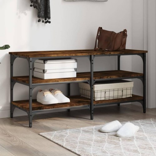 Skobænk med 3 hylder - konstrueret træ/metal, 100×38,5×49 cm, røget egetræsfarve