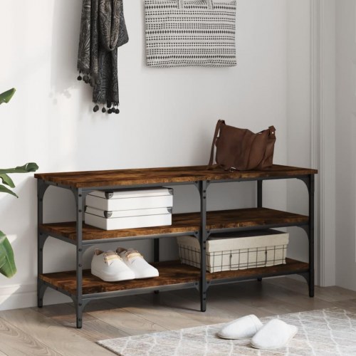 Skobænk med 3 hylder - konstrueret træ/metal, 100×38,5×49 cm, røget egetræsfarve