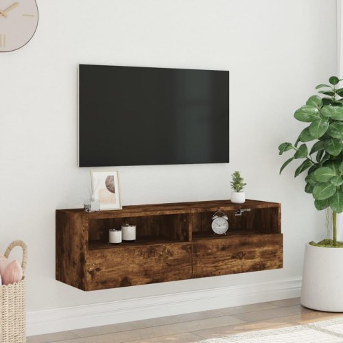 Væghængt tv-bord 100x30x30 cm konstrueret træ røget egetræ