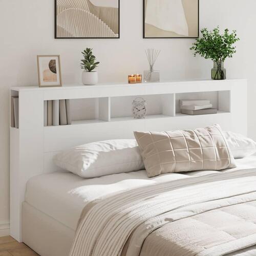 Sengegavl med LED-lys 200x18,5x103,5 cm konstrueret træ hvid