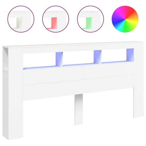 Sengegavl med LED-lys 200x18,5x103,5 cm konstrueret træ hvid