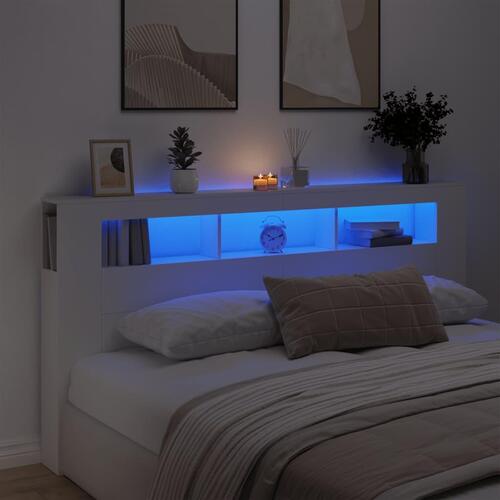 Sengegavl med LED-lys 200x18,5x103,5 cm konstrueret træ hvid