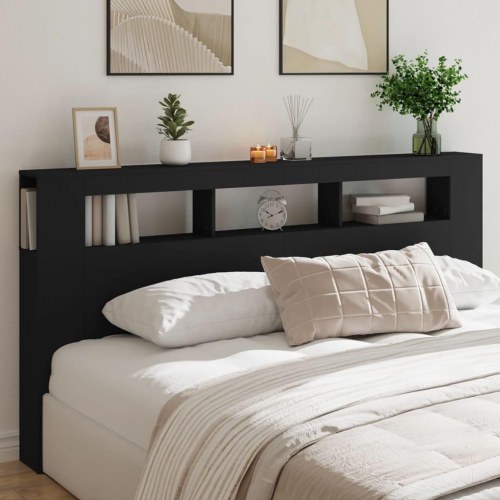 Sengegavl med LED-lys - 200 × 18,5 × 103,5 cm, konstrueret træ, sort