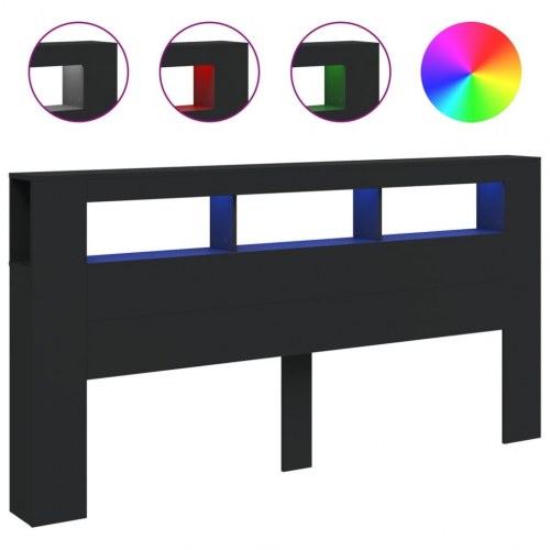 Sengegavl med LED-lys - 200 × 18,5 × 103,5 cm, konstrueret træ, sort