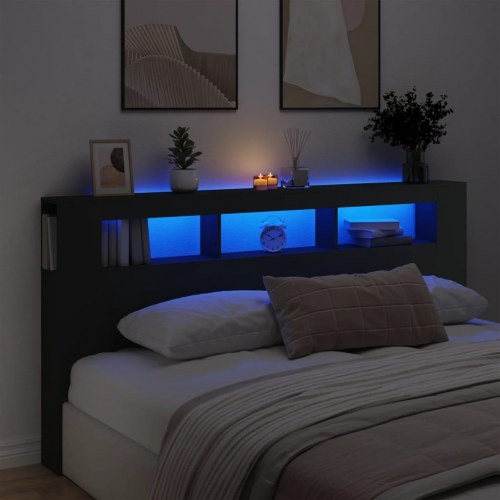 Sengegavl med LED-lys - 200 × 18,5 × 103,5 cm, konstrueret træ, sort