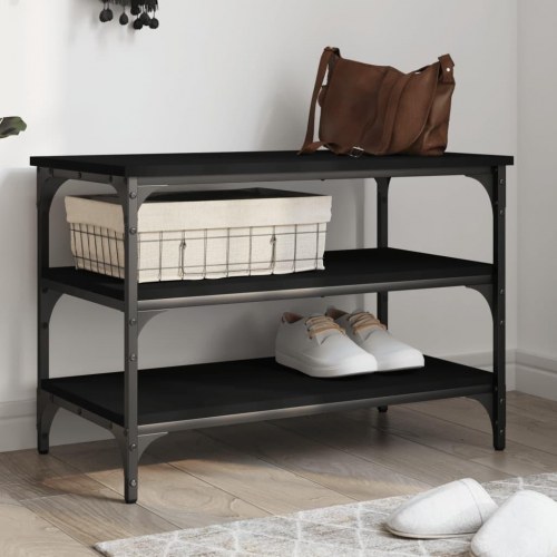 Skobænk med 3 hylder - konstrueret træ/metal, 70 × 38,5 × 49 cm, sort