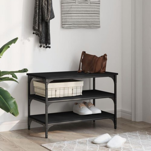 Skobænk med 3 hylder - konstrueret træ/metal, 70 × 38,5 × 49 cm, sort