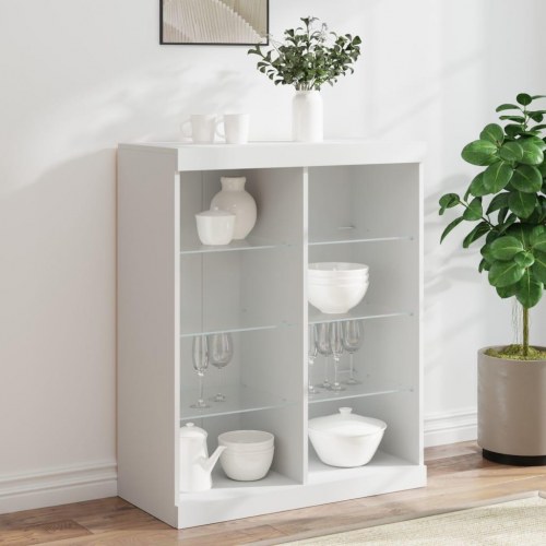 Skænk med LED-lys 81×37×100 cm - hvid glas og konstrueret træ
