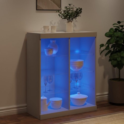 Skænk med LED-lys 81×37×100 cm - hvid glas og konstrueret træ