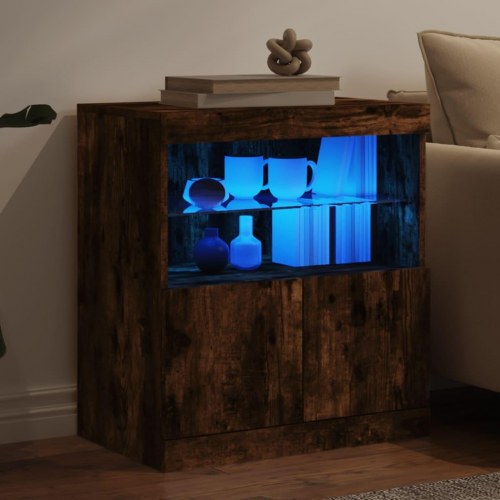 Skænk med LED-lys - røget egetræsfarve, 60×37×67 cm