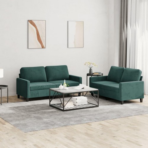 Sofasæt i velour - 2-pers. + 2-pers., mørkegrøn, inkl. hynder